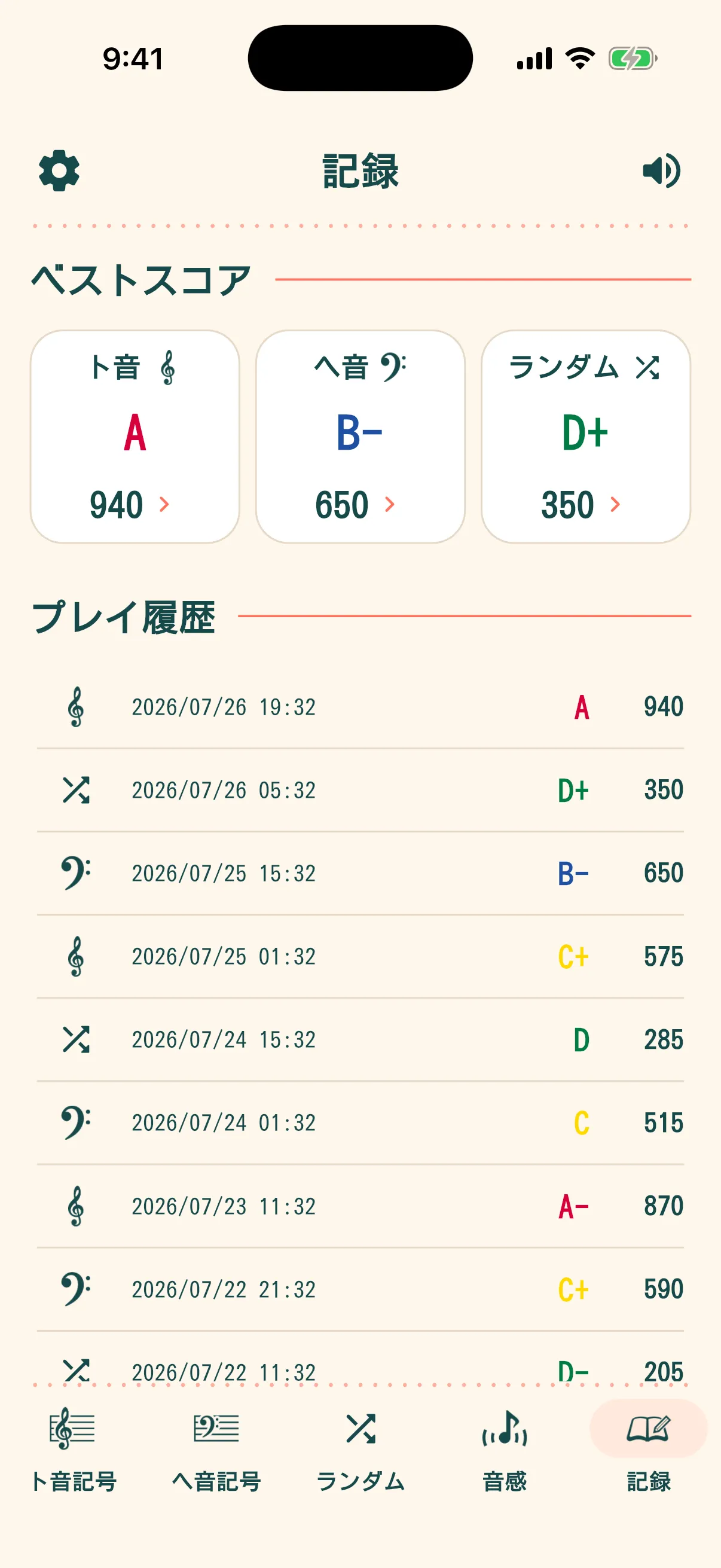 日々のトレーニング結果を確認できる記録画面